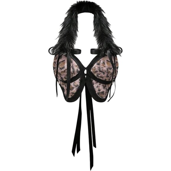 Tops - Women's Faux Fur Cheetah Print Crop Top Knot Halter Backless Medium